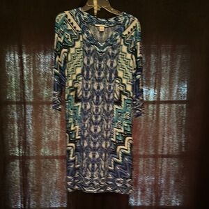 Blue and Green Sheath Dress with 3/4” Sleeves and V Neck
